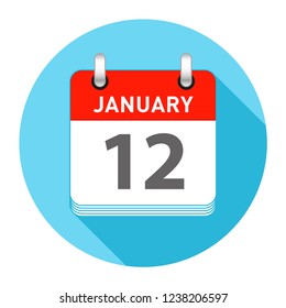 January 12 Date on a Single Day Calendar in Flat Style with long flat shadow on a blue background