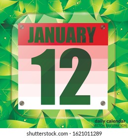 January 12 icon. Calendar date for planning important day with green leaves. January 12th. Banner for holidays and special days. Vector Illustration.