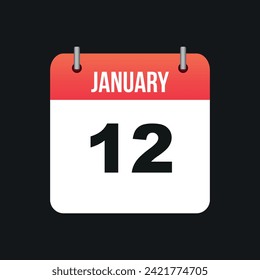 January 12, Red and White Color Calendar Page with Black Outline