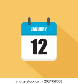 January 12. Square Calendar icon.Vector illustration,flat style. Yellow background.