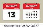 January 13 2026 Calendar Vector Illustration. 13 january calendar page. event reminder illustration. Day calendar with date January 13. Week Starts on Sunday. Checklist day calendar.