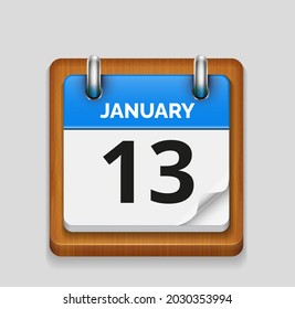 January 13 blue daily realistic calendar with wooden frame icon date vector image