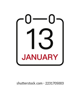 January 13 date on the calendar, vector line stroke icon for user interface. Calendar with date, vector illustration.