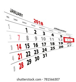 January 13, highlighted on 2018 calendar. Week starts from Sunday. Vector Illustration.