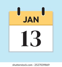 January 13th. Serif Font. Jan 13. Daily Calendar in Flat Design. Time Concept. Yellow Illustration with Soft Blue Background. Date Icon.