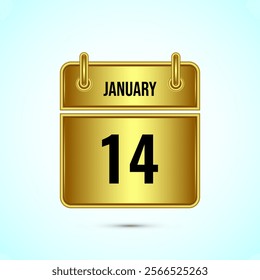 January 14 calendar and time planner on gold background. Daily calendar icon, schedule symbol