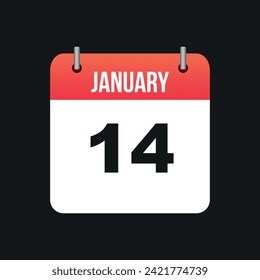 January 14, Red and White Color Calendar Page with Black Outline