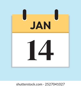 January 14th. Serif Font. Jan 14. Daily Calendar in Flat Design. Time Concept. Yellow Illustration with Soft Blue Background. Date Icon.