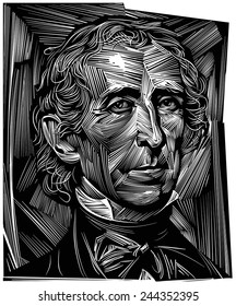 January 15, 2015: A vector illustration of a portrait of the tenth President of the USA  John Tyler on a engraved background.