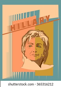 January 15, 2016: A vector illustration showing Democrat presidential candidate Hillary Clinton with name text on retro style background done in hand draw style