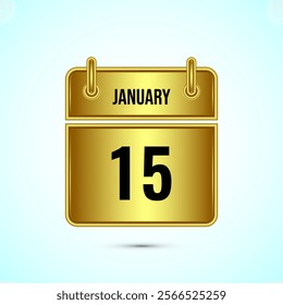 January 15 calendar and time planner on gold background. Daily calendar icon, schedule symbol