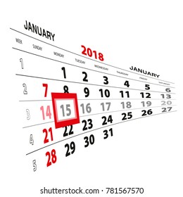 January 15, highlighted on 2018 calendar. Week starts from Sunday. Vector Illustration.