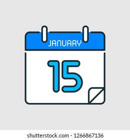 January 15.Calendar icon.Vector illustration,flat style.Date,day of month:Sunday,Monday,Tuesday,Wednesday,Thursday,Friday,Saturday.Weekend,red letter day.Calendar for 2019 year.Holidays in January