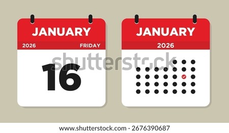 January 16 2026 Calendar Vector Illustration. 16 january calendar page. event reminder illustration. Day calendar with date January 16. Week Starts on Sunday. Checklist day calendar.