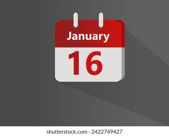 January 16, calendar date icon on gray to light gradient background with shadows