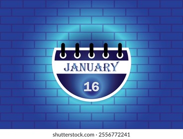 January 16 calendar sign on blue neon brick wall background. Flat design style. Date, day and month. Vector illustration.