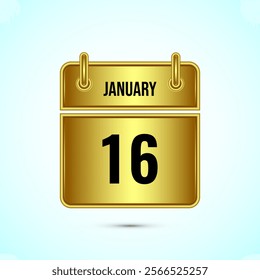 January 16 calendar and time planner on gold background. Daily calendar icon, schedule symbol