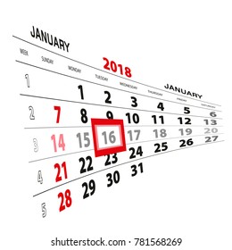 January 16, highlighted on 2018 calendar. Week starts from Sunday. Vector Illustration.