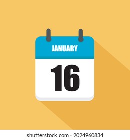 January 16. Square Calendar icon.Vector illustration,flat style. Yellow background.