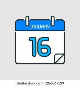 January 16.Calendar icon.Vector illustration,flat style.Date,day of month:Sunday,Monday,Tuesday,Wednesday,Thursday,Friday,Saturday.Weekend,red letter day.Calendar for 2019 year.Holidays in January