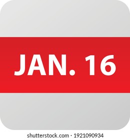 January 16th date icon, single day vector illustration modern flat style. Calendar element for web design, schedule, planner, organizer. 