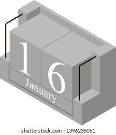 January 16th date on a single day calendar. Gray wood block calendar present date 16 and month January isolated on white background. Holiday. Season. Vector isometric illustration