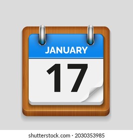 January 17 blue daily realistic calendar with wooden frame icon date vector image