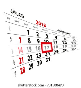 January 17, highlighted on 2018 calendar. Week starts from Sunday. Vector Illustration.