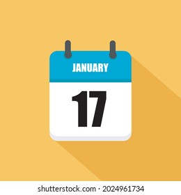 January 17. Square Calendar icon.Vector illustration,flat style. Yellow background.