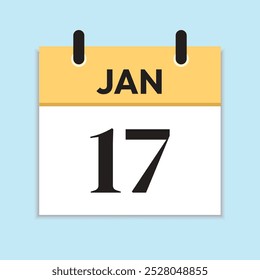 January 17th. Serif Font. Jan 17. Daily Calendar in Flat Design. Yellow Illustration with Soft Blue Background. Date Icon. Time Concept.