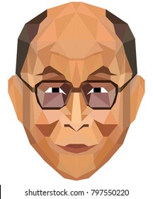 January 18, 2018. Portrait Of His Holiness The 14th Dalai Lama In Low Poly Style. Isolated. Vector Illustration.