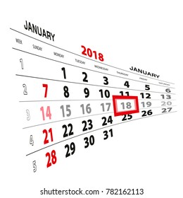 January 18, highlighted on 2018 calendar. Week starts from Sunday. Vector Illustration.