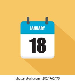 January 18. Square Calendar icon.Vector illustration,flat style. Yellow background.