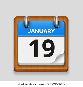 January 19 blue daily realistic calendar with wooden frame icon date vector image