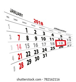 January 19, highlighted on 2018 calendar. Week starts from Sunday. Vector Illustration.