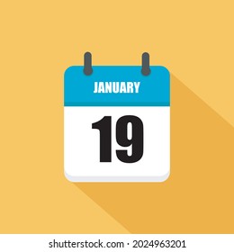 January 19. Square Calendar icon.Vector illustration,flat style. Yellow background.