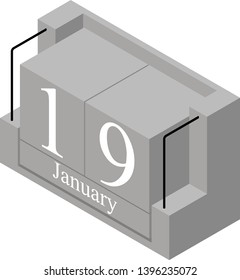 January 19th date on a single day calendar. Gray wood block calendar present date 19 and month January isolated on white background. Holiday. Season. Vector isometric illustration