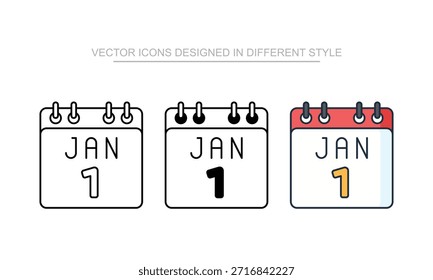 January 1st icon set in different style with white background illustration