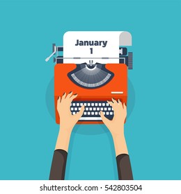 January 1.Typewriter in a flat style. Christmas wish list. Letter to Santa. New year. 2017. December holidays.
