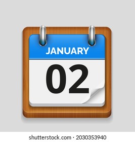 January 2 blue daily realistic calendar with wooden frame icon date vector image