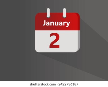 January 2, calendar date icon on gray to light gradient background with shadows