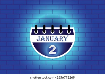 January 2 calendar sign on blue neon brick wall background. Flat design style. Date, day and month. Vector illustration.