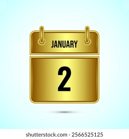 January 2 calendar and time planner on gold background. Daily calendar icon, schedule symbol