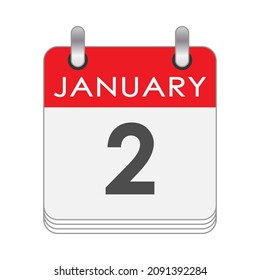 2 de enero. Una hoja del calendario inverso con la fecha del 2 de enero. Estilo plano.