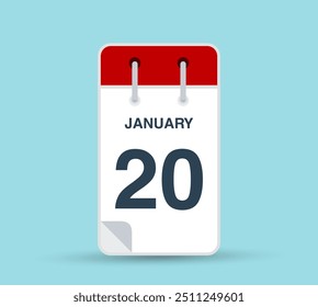 20 de janeiro folha de calendário. Modelo de vetor de design de calendário. Orientação vertical.