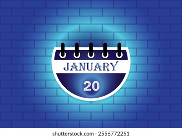 January 20 calendar sign on blue neon brick wall background. Flat design style. Date, day and month. Vector illustration.