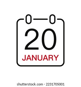 January 20 date on the calendar, vector line stroke icon for user interface. Calendar with date, vector illustration.