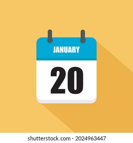 January 20. Square Calendar icon.Vector illustration,flat style. Yellow background.