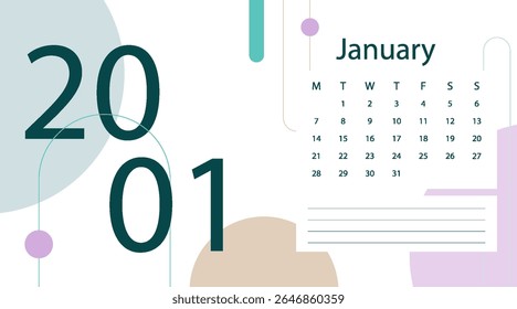 Calendário de janeiro de 2001 em tempos antigos. A semana começa no domingo. Conceito de hora, planejamento e programação. Design plano. Calendário removível do mês. Ilustração vetorial