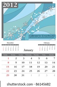 January. 2012 Calendar. Times New Roman and Garamond fonts used. A3